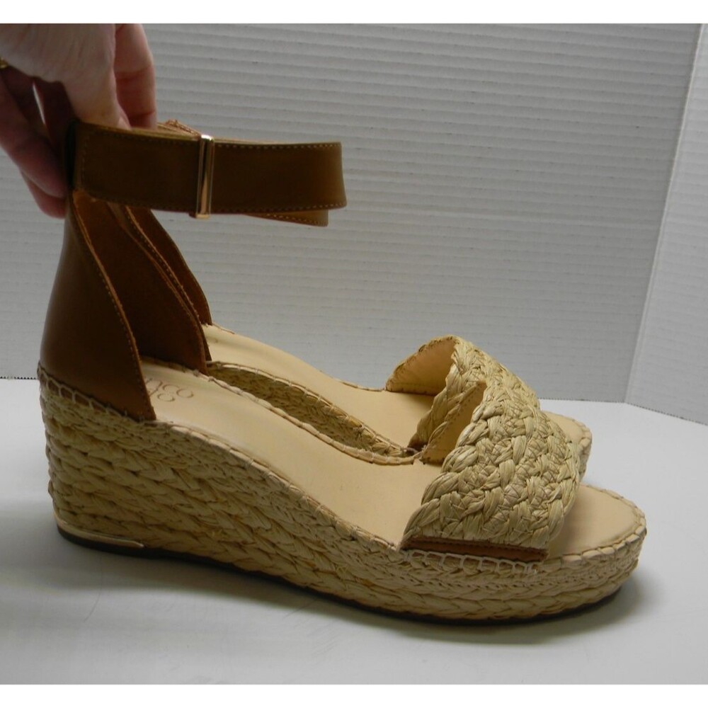 Franco Sarto Sandal Wedge Ankle Strap Brown Raffia Gold CLEMENS Sz 11 NWOT